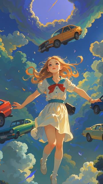 1 female, the girl who controlled time stopped cars flying into the sky and stopped time, sky depth, exquisite color combination, super beautiful, painting