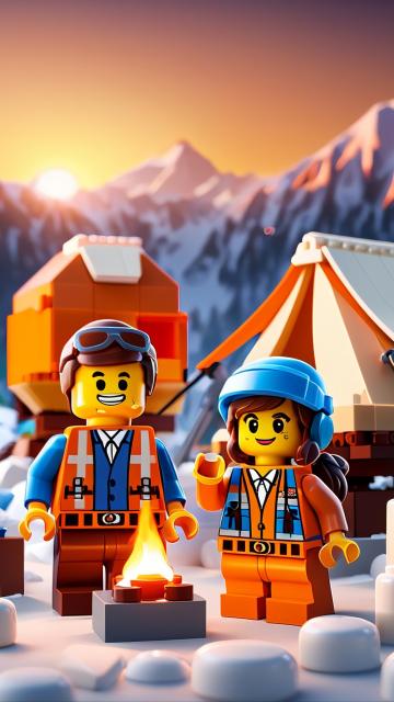 1 male, 1 female, blender, c4d, random profession, blind box, ip character, hd resolution, modern style, three-dimensional effect, the lego movie, gradient twintails, snow mountain, bonfire, camping, 