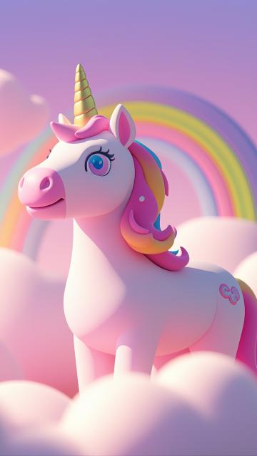 3d animation, the unicorn is soft pink, surrounded by clouds, and has a rainbow behind it, 3d animation style