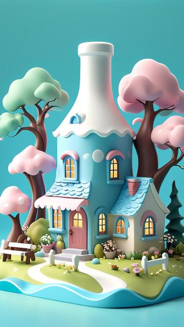 3d modeling, digital art, whimsical scene, glass bottle, miniature landscape, stylized cottage, fairytale village, pastel colors, milk bottle, flowing milk, cartoony waves, stylized trees, abstract sh