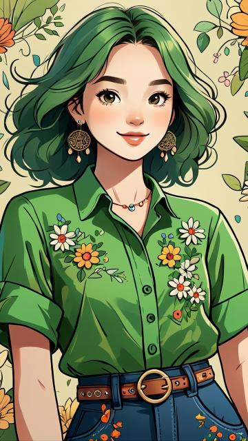 a cartoon illustration of a lady in a green shirt over art by mrs becca doodlefly,in the style of grunge beauty,sandara tang,mixed patterns,text and emoji installations,close up,charming character ill