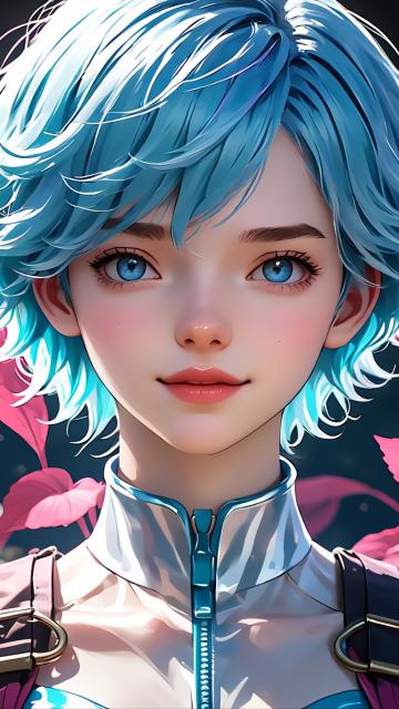 a character of a manga anime with blue hair and blue eyes, in the style of light silver and dark pink, wavy resin sheets, 32k uhd, painted illustrations, snailcore, light teal and light crimson, all-o