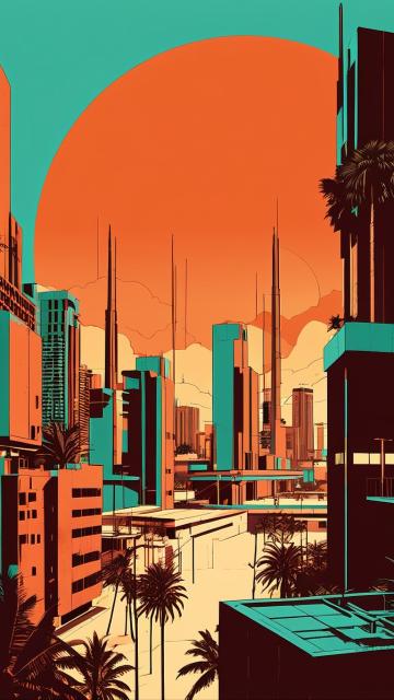 a large graphic with pictures of buildings and an orange sky, in the style of light turquoise and dark crimson, concrete brutalism, enigmatic tropics, sultan mohammed, bold lithographic, high-angle, t