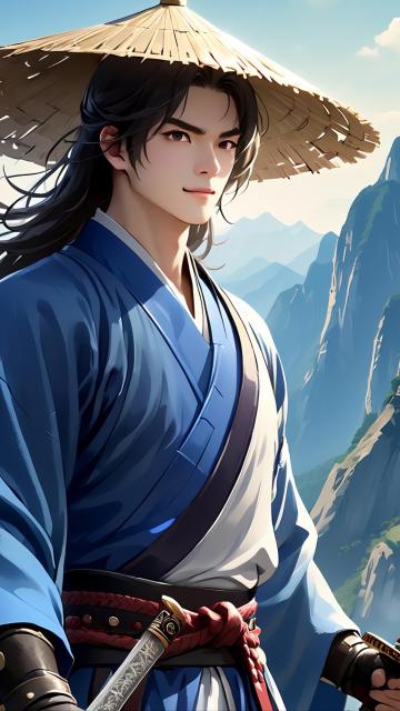 a male swordsman with long hair, wearing a straw hat, blue cloth, holding a sword, the sword is shining, on the top of the mountain, knights walk, huashan sword discussion, martial arts, , exquisite p