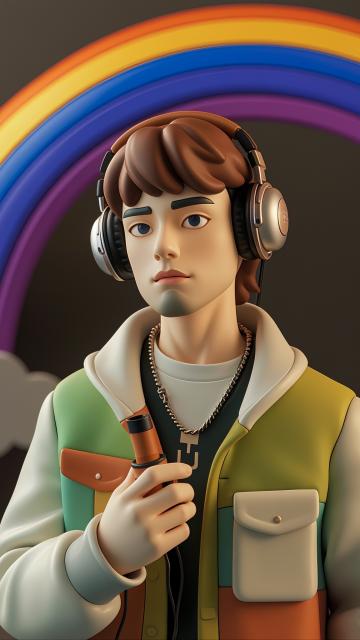 a man, (holding a pipe), wearing headphones, trendy style, background is rainbow, colorful colors, cinematic lighting, soft lighting, clay material, blind box figure,