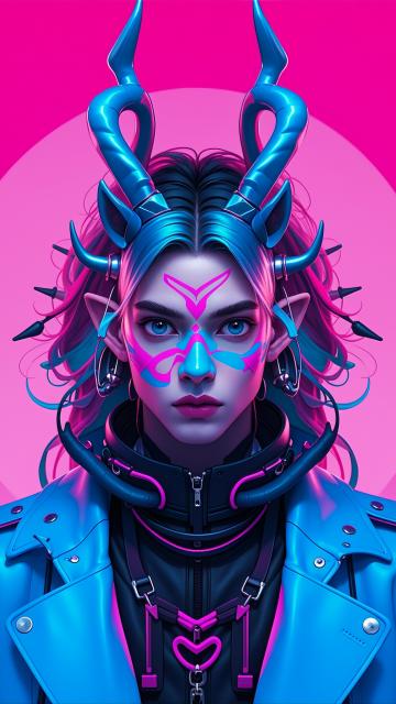 a man with horns and a blue jacket on her face and a pink background with a pink background and a pink background, android jones, computer art, cyberpunk style, cyberpunk art