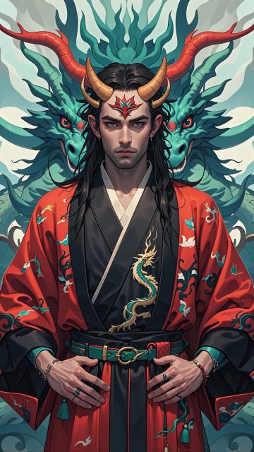 a man with horns and a dragon head on her head, in a kimono, with a dragon behind her, android jones, fantasy art, trending on art station, an album cover