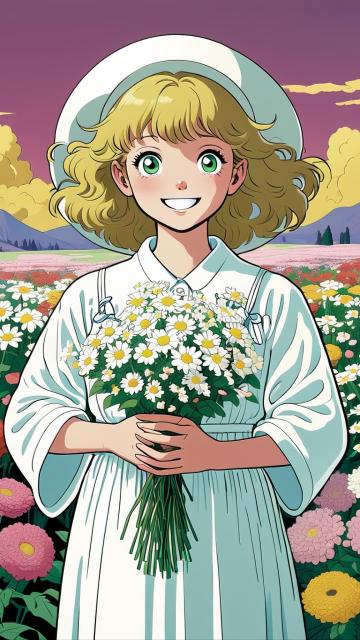 a poltergeist wearing white cloth posing with flowers, in the style of kawaii aesthetic, humor meets heart, album covers, charles ginner, post-painterly, yandere, coloured manga scan