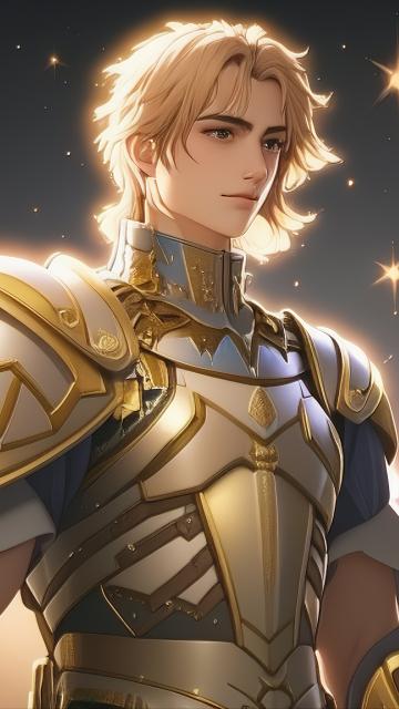 a radiant prince with glowing armor and a celestial aura, bringing hope and light to his kingdom, analog film style, ultra-detail, and vivid colors create a high-quality, hd image with intricate detai