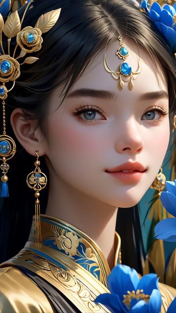 a young girl surrounded by blue flowers, blue and golden crane, in the style of light gold and dark black, rocco art and design, chinapunk, exquisite realism, dark gold and dark aquamarine, 32k uhd, h