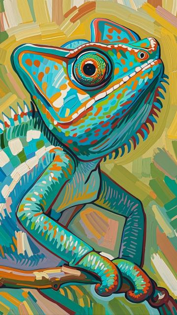 an abstract oil painting of a chameleon like van gogh’s self portraits