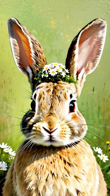 an abstract oil painting portrait of a rabbit with flowers on the head in the style of emil carlsen,