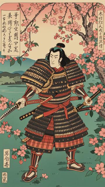 an ancient samurai in a serene japanese garden with cherry blossoms in bloom