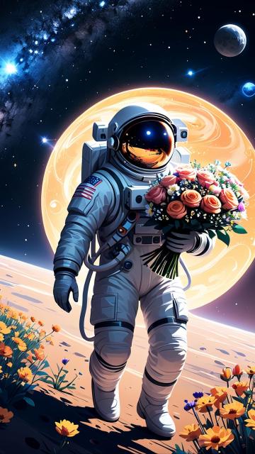 [["an astronaut holding a bouquet of flowers floating in the universe, spaceship, black hole, starry sky, cyberpunk","en"]]