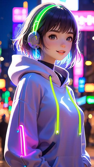 beautiful anime girl, wearing a futuristic hoodie with neon lights and hair accessories, against a vibrant city background, in the style of digital art, with soft lighting, dreamy colors, at a high re