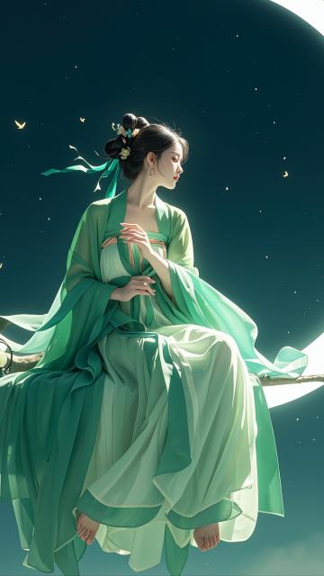 chang’e, a woman in green hanfu sitting on the crescent moon in the sky, shayi, chen yifei, video art, elegant, adobe photoshop, detailed matte painting