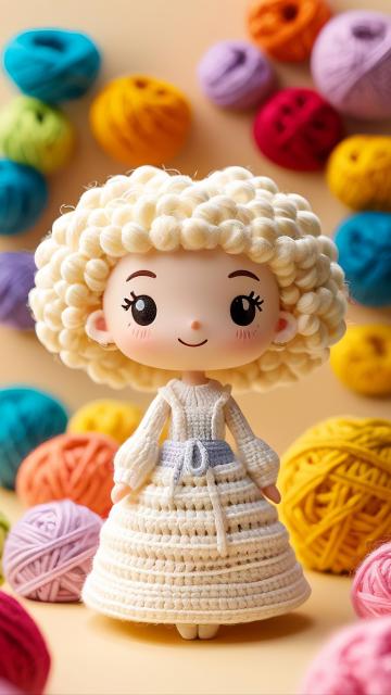 cotton-textured body, felt-textured hair, crochet, 3d blind box, figure, cream-colored hair, hair, 3d art, bright colors, high saturation, miniature, three-dimensional, soft light, background blur, mi