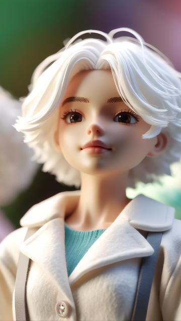 cotton-textured body, felt-textured hair, stop motion, 3d blind box, figure, white-colored hair, 3d art, bright colors, high saturation, miniature, three-dimensional, soft light, background blur, micr