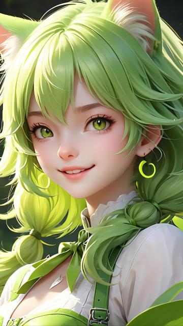 create an image of a lime green haired cat girl