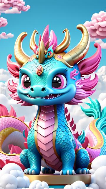 cute chinese dragon, colorful cartoon style, blue and pink color scheme, surrounded by auspicious clouds, colorful scales, exquisite details, high definition resolution, white background, front view, 