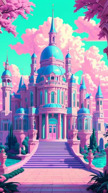 early 90s neoclassical vaporwave castle, epic, palatial, pastel colors, surrealist fantasy elements, oldschool computer graphics, elaborate, intricate, detailed,pixel style