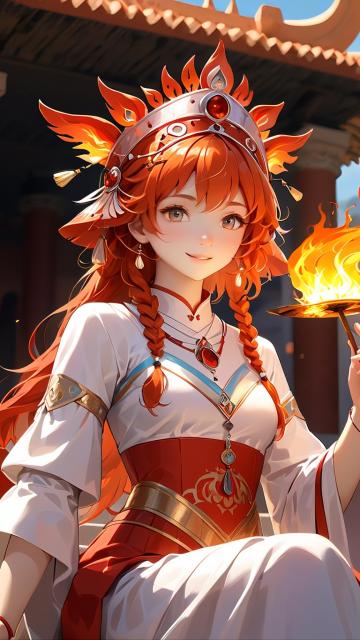 exquisite headdress, red clothes with flame patterns, orange curly hair, pig ears, upturned nose, pig girl, ancient palace in the background, brightly lit by fire. the girl sat on the steps with a fla
