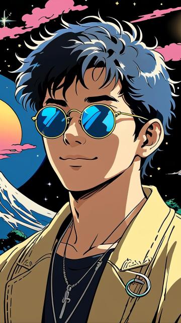 ghibli, studio ghibli, sketch, american comic style, sparkling, young man, sunglasses, chinese clothing, tattoo, black background, solid color background, cyberpunk,