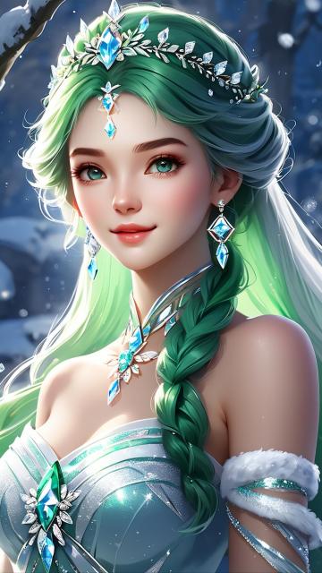 [["gorgeous portrait, beauty front, perfect facial features, green hair, ultra-high definition resolution, realistic style, gorgeous, diamond light, crystal particles, goddess, ancient costume, winter