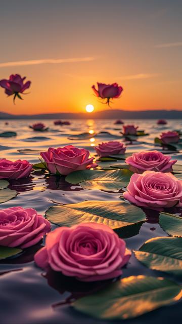 gorgeous rose pedels floating on large lake on most colorful sunset