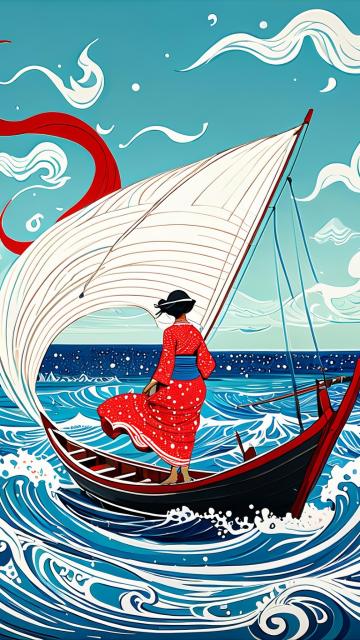 ,in the style of stasia burrington,maranao art,dotted,monochrnmatic white figures, a boat on a body of water, spiraling design, ripple electromagnetic,van gogh style, contour deepening::5,paintings, a