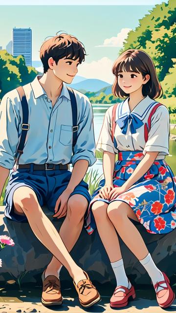 line design, simple, japanese style, a 20-year-old boy and a 20-year-old girl in a floral skirt, sitting by the river, summer, distant view, blue lines and light red lines, no fill color