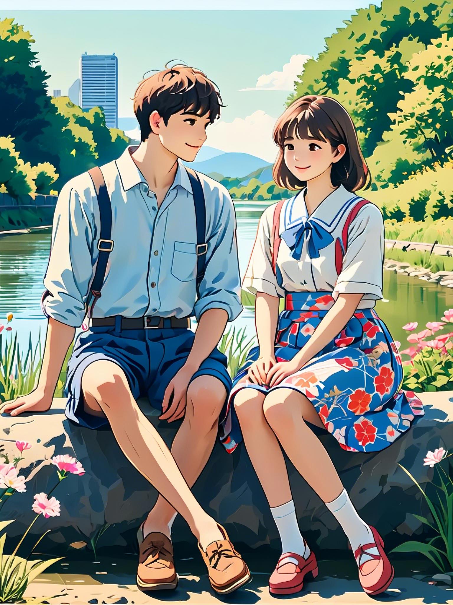 [["line design, simple, japanese style, a 20-year-old boy and a 20-year-old girl in a floral skirt, sitting by the river, summer, distant view, blue lines and light red lines, no fill color","en"]]