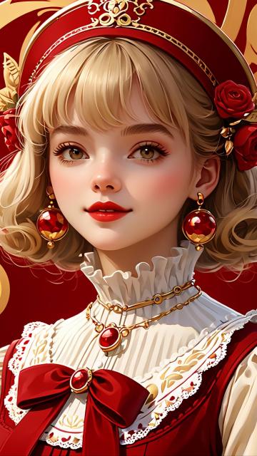 lolita weird design, lolita girl, red and gold cool style, red and gold background, ultra high definition resolution, clever art style, smooth and concise, subtle light and shadow, delicate painting t