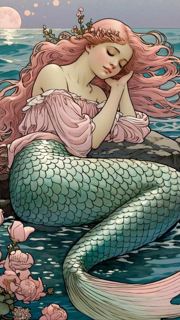 [["mermaid sleeping soundly in the sea, cute mermaid, boy, beautiful mermaid in artistic bud style, pale pink, small flying moon, vivid color palette, delicate flowers, detailed clothing, carlos schwa