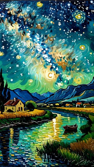 milky way, traditional painting, cosmic, in the style of vincent van gogh