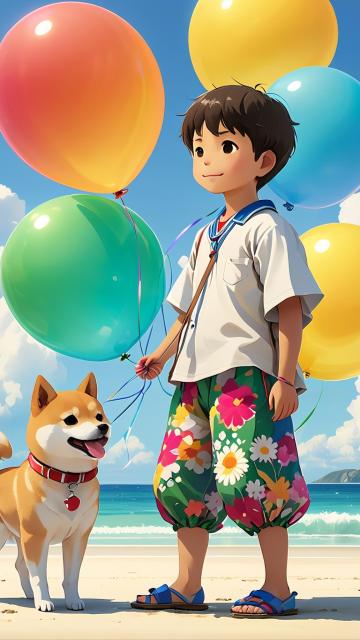 on the white beach, a child, wearing flowery pants, holding a bunch of colorful hydrogen balloons, next to a little shiba inu, hayao miyazaki style, high definition,
