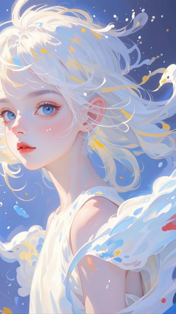paint painting, splashing ink, paint smudge, paint splatters, traces of paint flow, a girl, white eyes, white hair, pale skin, beautiful face, divine light, white dress