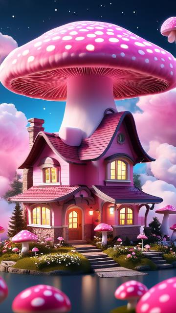 pink mushroom house on clouds, marshmallow clouds, magic flowers, glowing, beautiful, fairytale art style, stereoscopic lighting, highly detailed, illusory 3d digital art