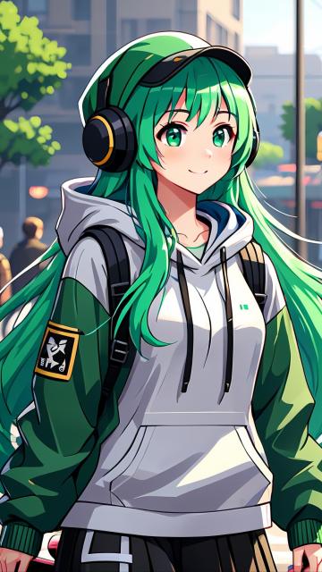 pixel art, a trendy girl with long green hair, hood, skateboard, best quality, {{masterpiece}}}, {very detailed cg uniform 8k }, best quality, amazing, fine details , single person, cinematic lighting