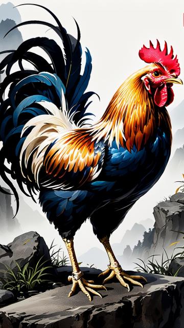 siheyuan, ink painting, chicken, domineering