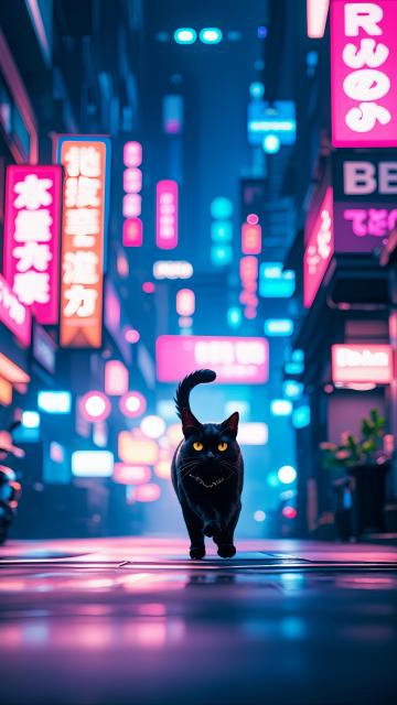 stray black cat running away in the streets of liam wong kowloon walled cyberpunk city and sets out to return to the surface with the help of ai b-12 drone companion, nier replicant style, blader runn