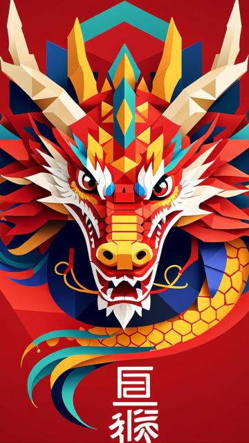 the chinese dragon is made of geometric shapes, full body, memphis style, flat color illustration, simple style?red background,8 bit, pixel