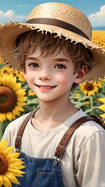 the picture depicts a boy wearing a straw hat in the field around sunflowers, in the style of kawacy, blink-and-you-miss-it detail, tondo, hannah yata, seaside scenes, detailed facial features, 1st ve