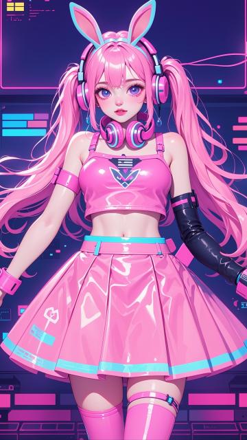 the pink bunny girl in the cyber world is a cyberpunk (full body photo), with beautiful long hair, wearing a pink skirt, pink bunny ears, pink headphones, neon lights, and a sense of technological fut