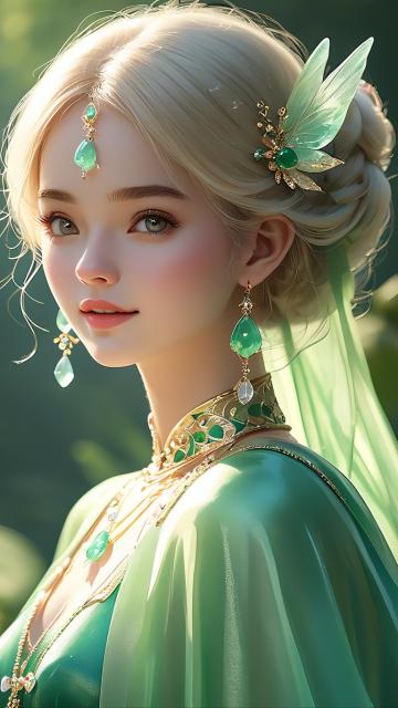 tourmaline color jade texture, crystal clear, traditional beauty, beauty figure, fairy lady picture, bust, handicraft photography, warm light, soft light, soft light and shadow, gaussian blur, macro p