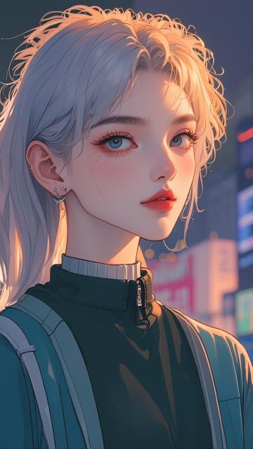 woman portrait on street of south korea in style of stefan kostic, andre kertesz, masamune shirow, illustration, artstation, synth vibe, (vaporwave colors) , moody lighting, moody vibe, telephoto, (90